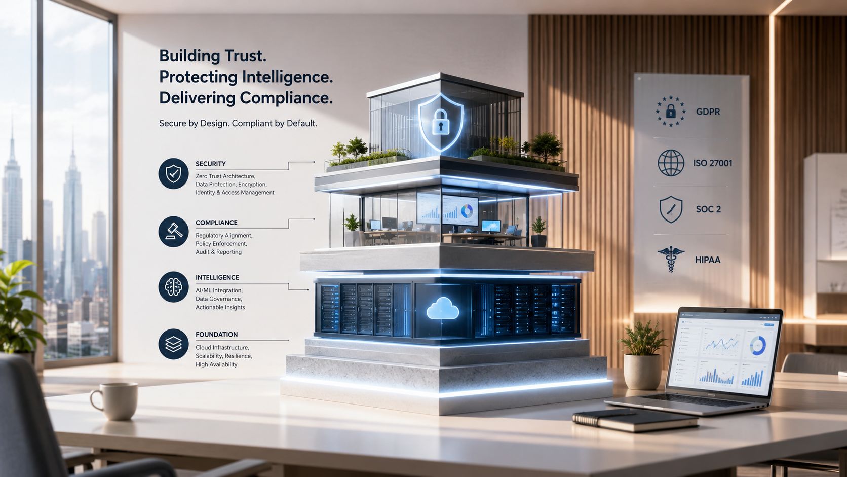 A conceptual illustration of a secure digital building infrastructure representing data intelligence, compliance, and cloud security protocols.