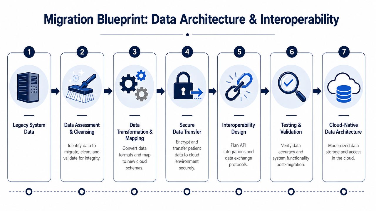 A seven-step migration blueprint for transitioning legacy healthcare system data into a secure cloud-native architecture.