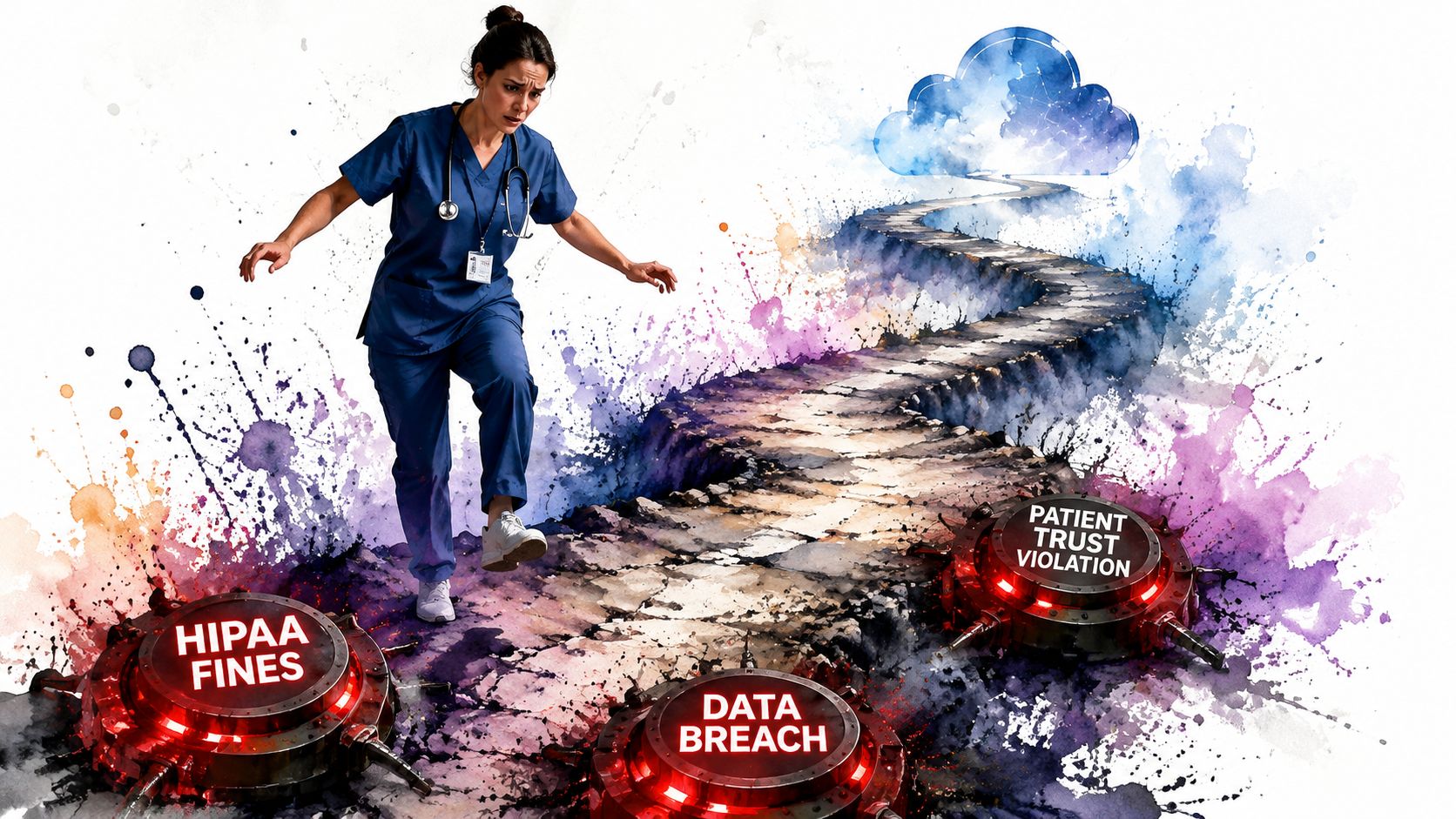 A concerned healthcare worker walking on a path avoiding hazardous traps representing data security risks.