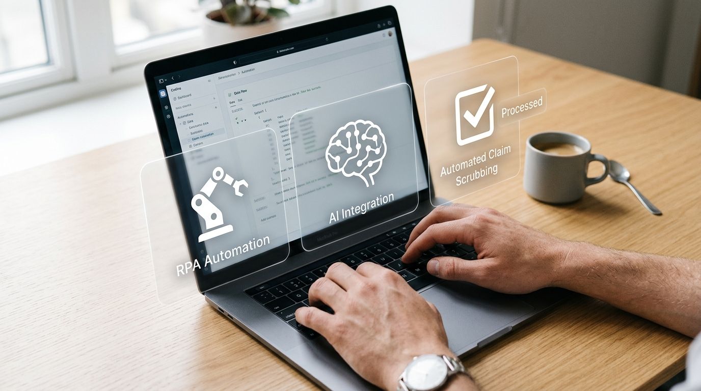 A professional typing on a laptop displaying automated medical billing and artificial intelligence software features.