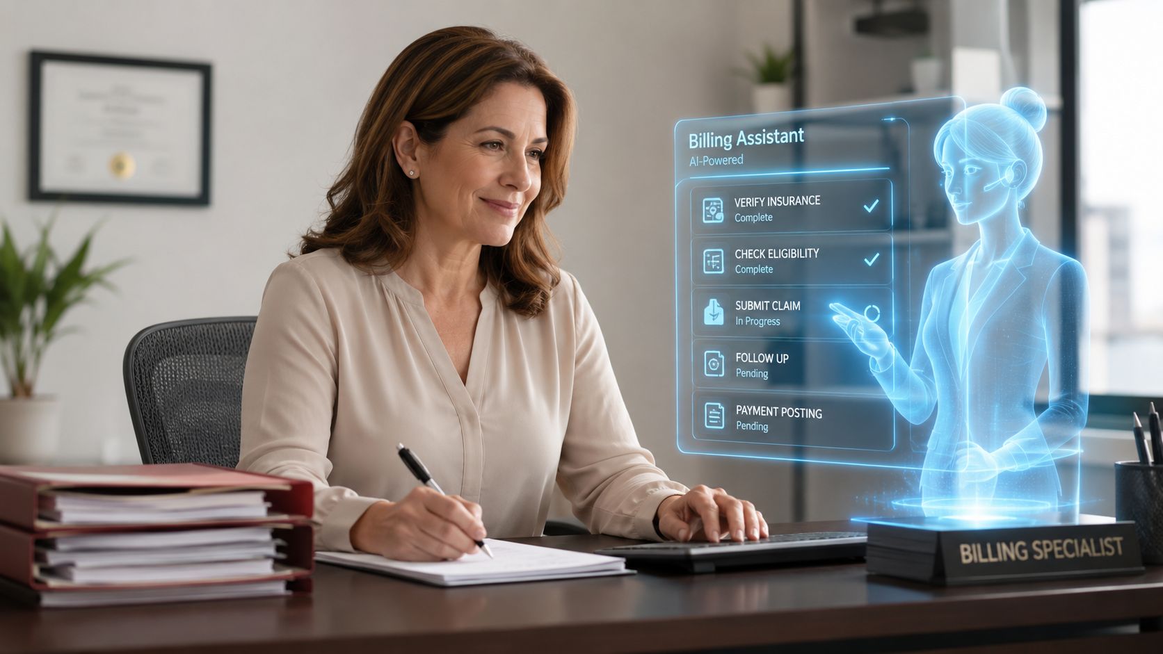 A professional woman uses AI-powered holographic software to manage medical billing tasks at her office desk.