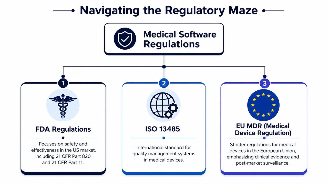 A flowchart infographic titled Navigating the Regulatory Maze outlining FDA regulations, ISO 13485 standards, and EU MDR guidelines.
