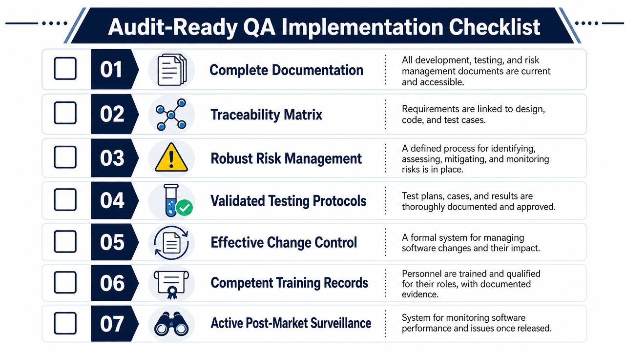 A checklist showing seven essential requirements for achieving audit-ready quality assurance in medical software development projects.
