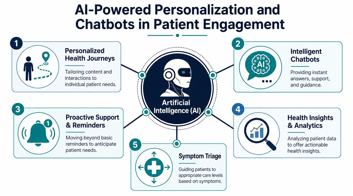 A diagram illustrating five key ways artificial intelligence enhances patient engagement in the healthcare industry.