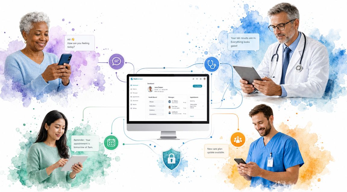 A digital patient engagement platform connecting diverse individuals, doctors, and nurses through secure remote communication tools.