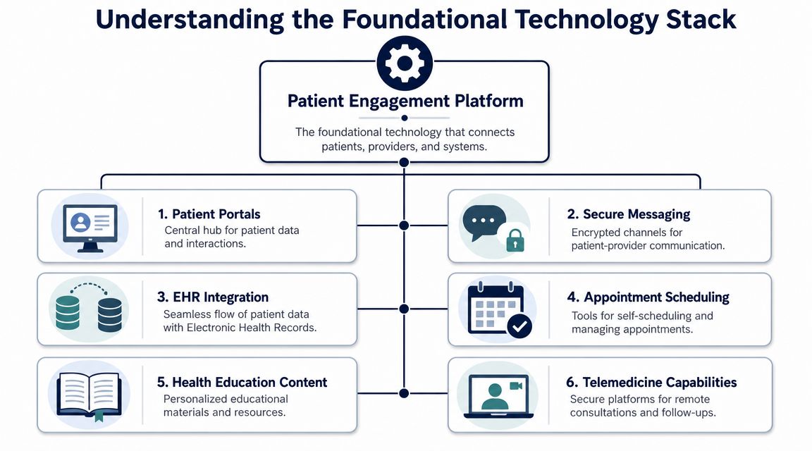 A diagram illustrating the six core components of a patient engagement platform in a technology stack.