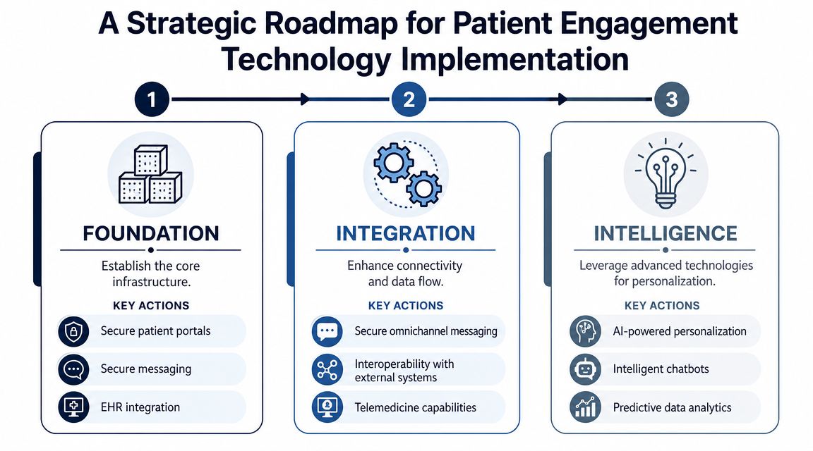 A strategic roadmap for patient engagement technology implementation, detailing three progressive steps of foundation, integration, and intelligence.
