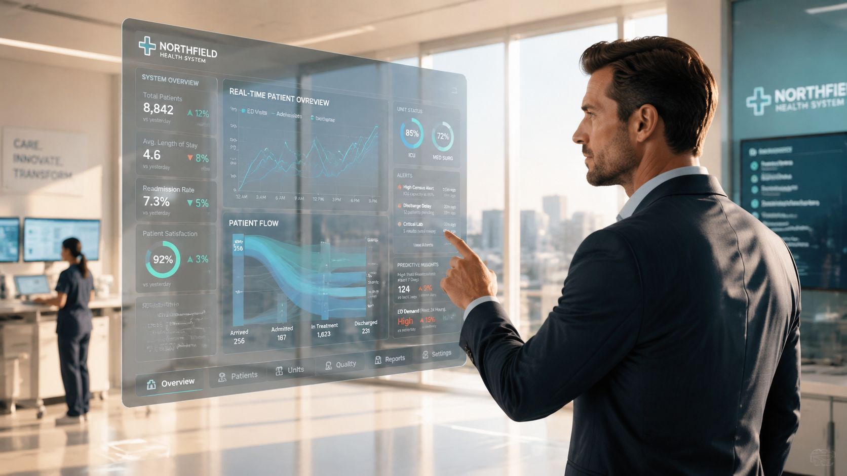 A professional man in a suit interacts with a futuristic, holographic real-time healthcare analytics dashboard interface.