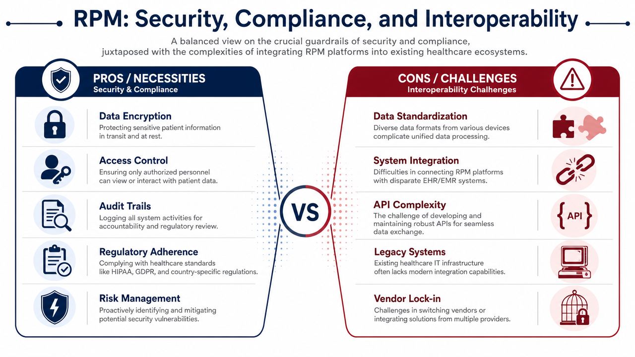 A comparative chart showing pros of security compliance and cons of interoperability challenges in remote patient monitoring platforms.