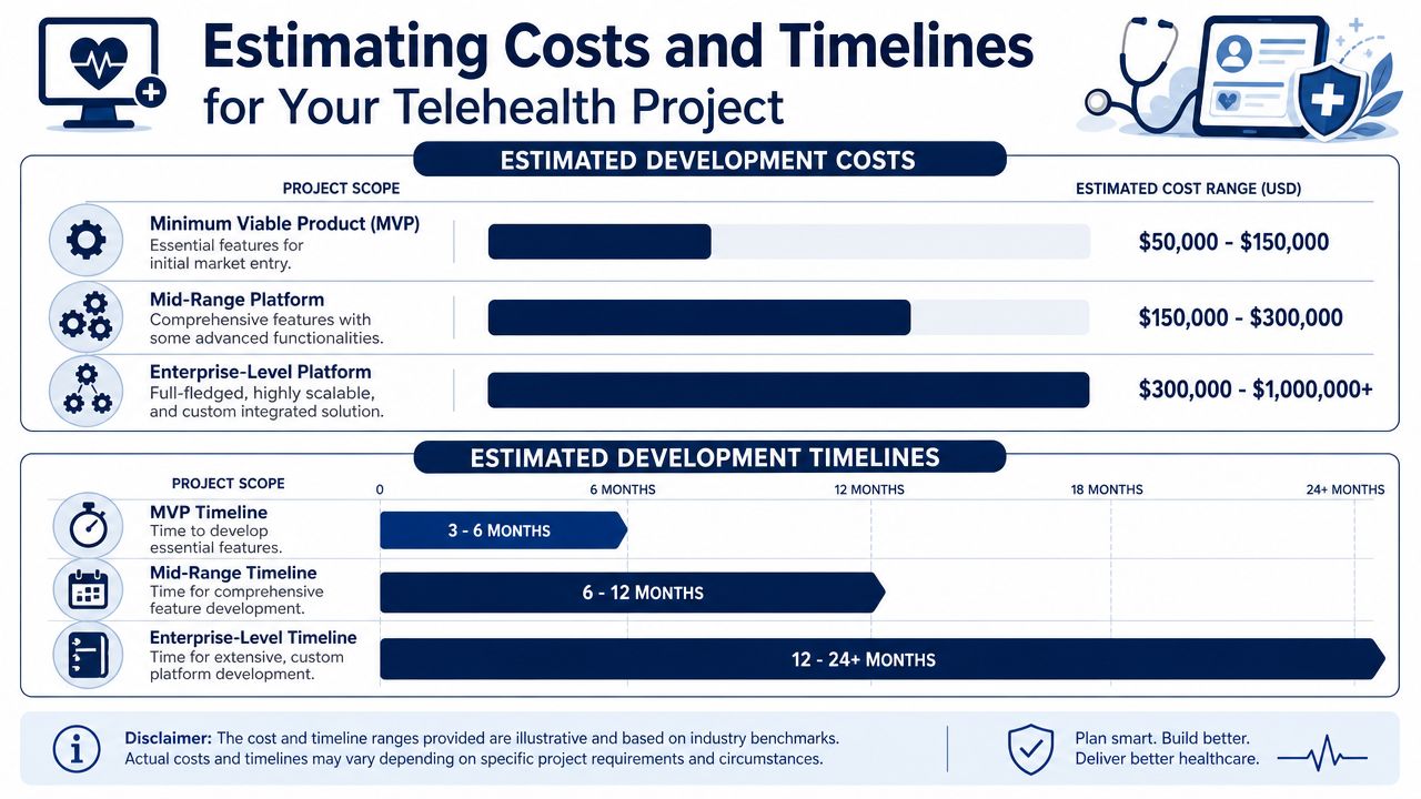An infographic showing estimated development costs and timelines for creating a custom telehealth platform.