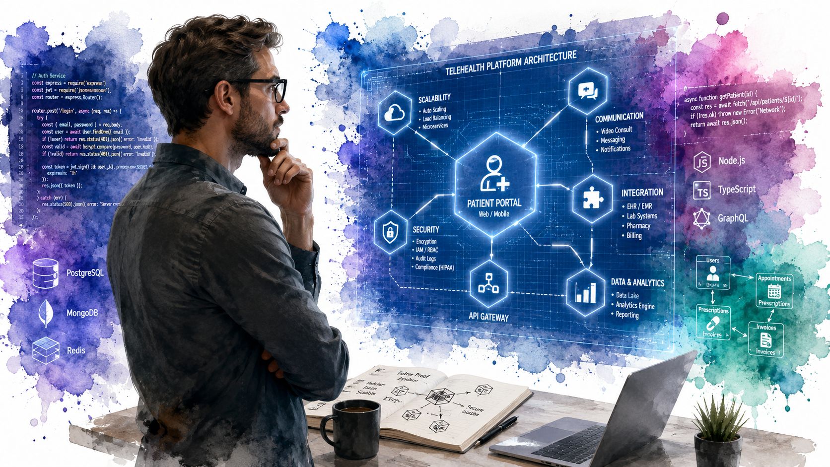 A software engineer analyzing a complex digital telehealth platform architecture diagram on a glowing transparent screen.
