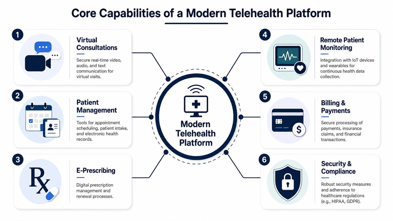 A diagram illustrating the six core capabilities of a modern telehealth platform for healthcare digital transformation.