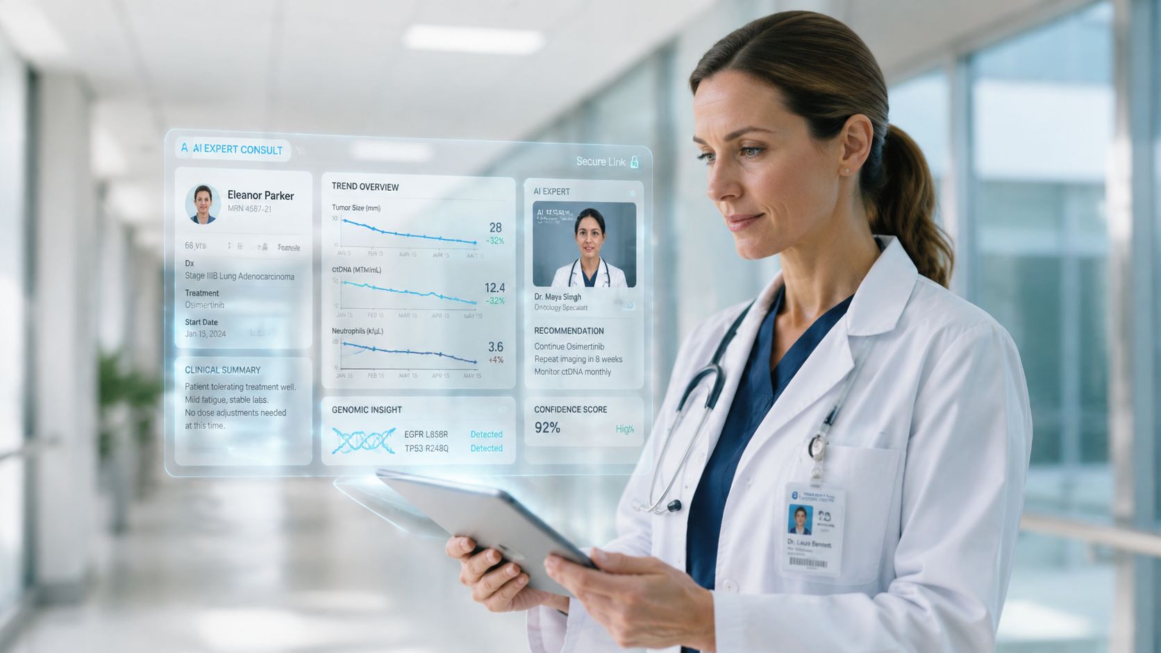 A female doctor reviewing a patient's medical data on an advanced holographic interface in a hospital corridor.