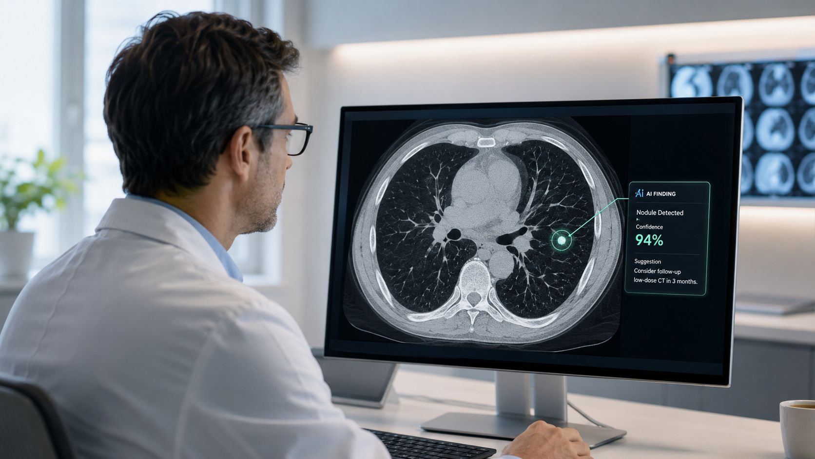 A doctor viewing a medical CT scan on a monitor with AI-powered nodule detection software analysis.