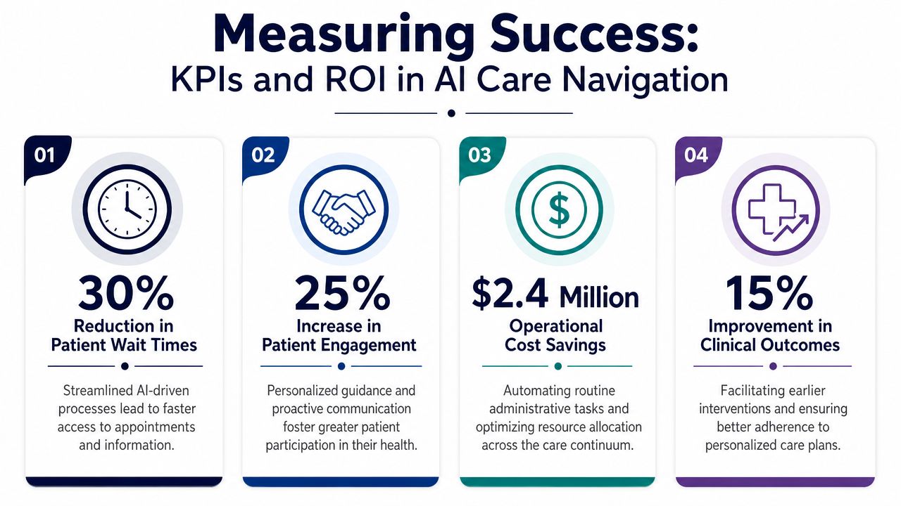 An infographic titled Measuring Success showing KPIs and ROI for AI-powered care navigation in healthcare settings.