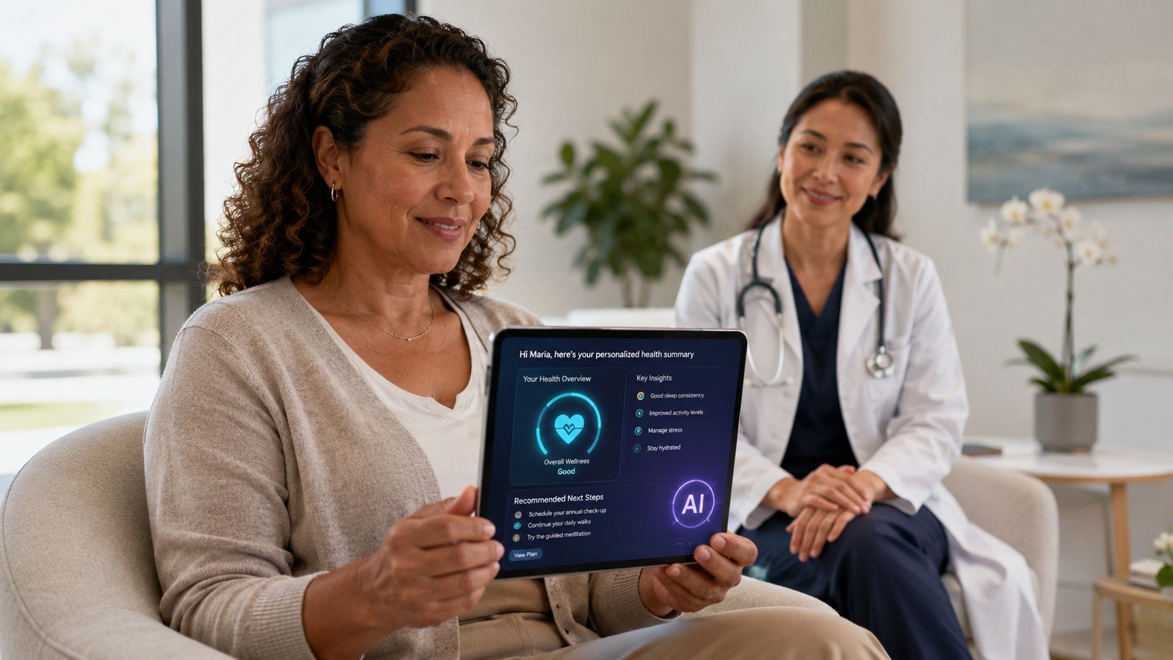 A smiling patient views her personalized AI health summary on a digital tablet with her doctor.
