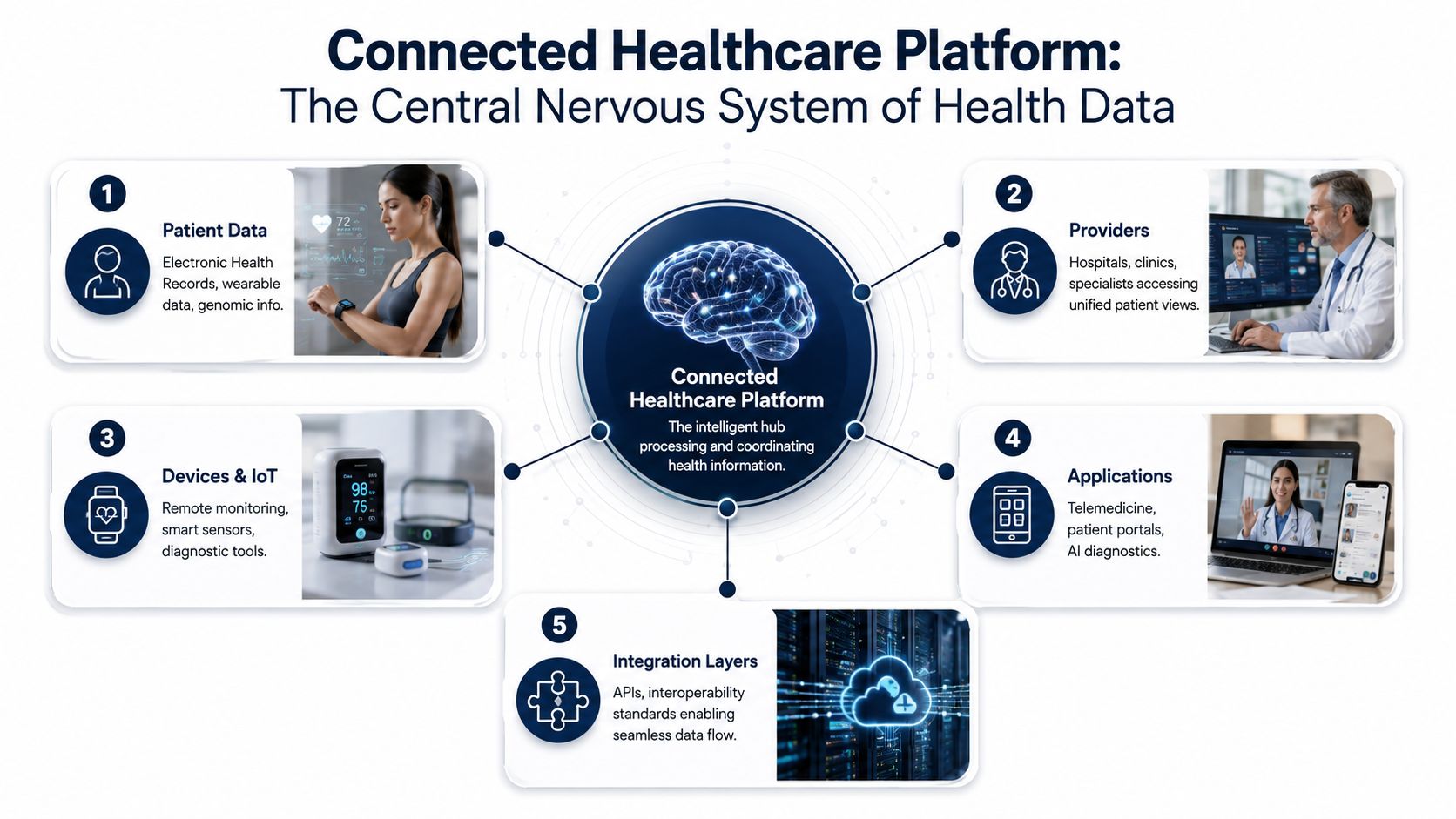 A diagram illustrating a connected healthcare platform acting as a central hub for various health data sources.