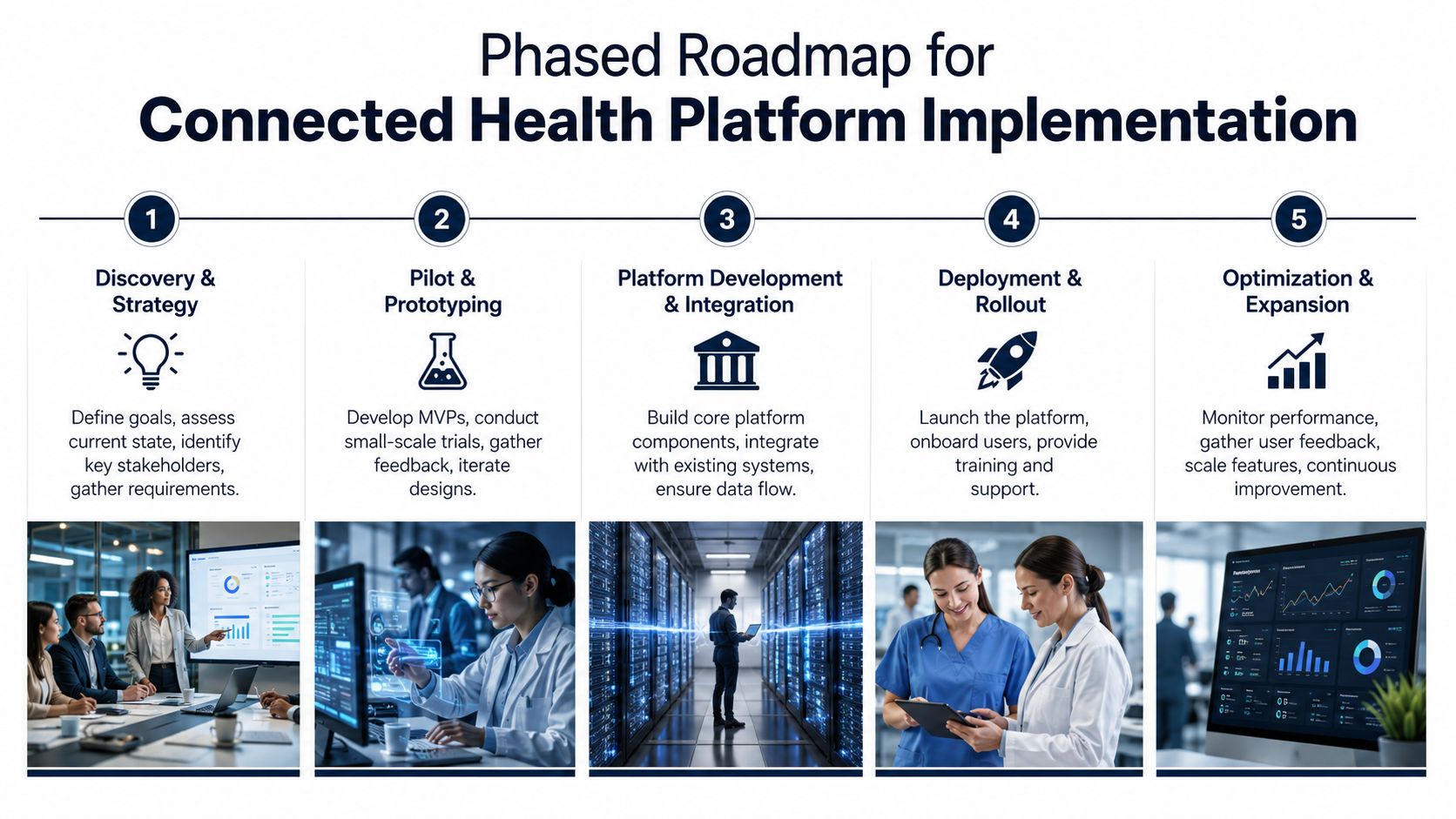 A five-phase infographic roadmap for the successful implementation of a connected healthcare platform for digital health providers.