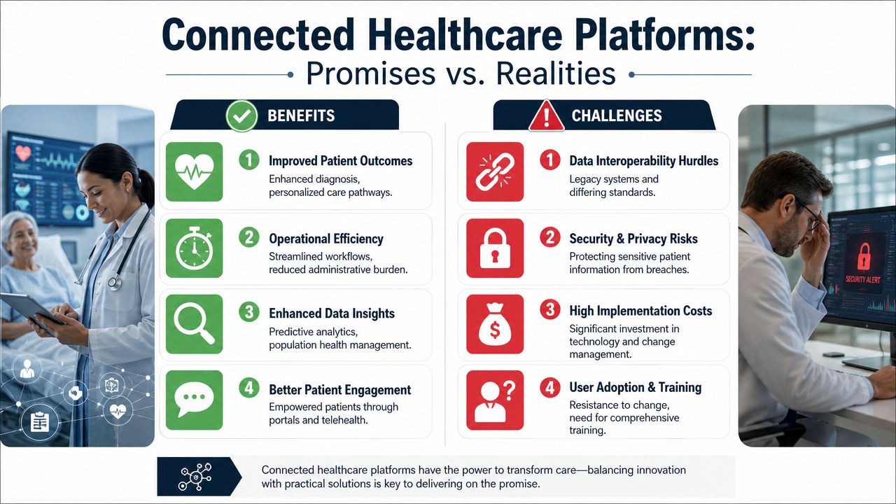 An infographic comparing the benefits and challenges of connected healthcare platforms in a professional medical setting.