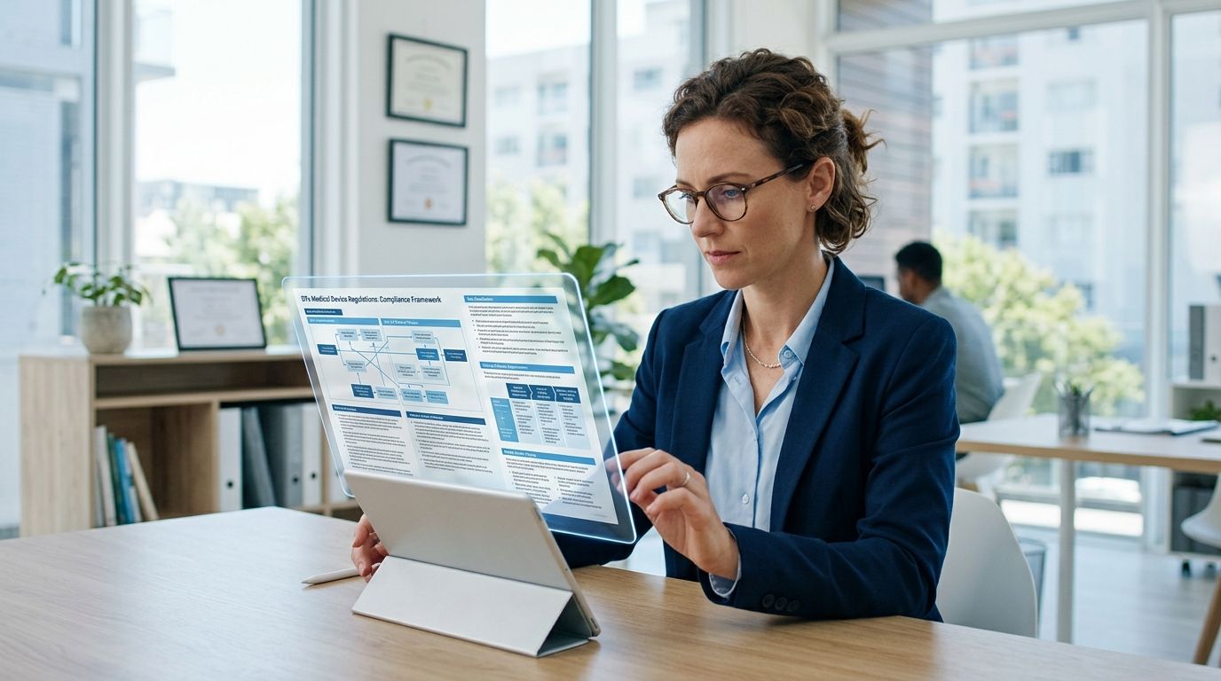 A professional woman in a business suit reviewing digital therapeutics compliance documentation on a transparent tablet screen.