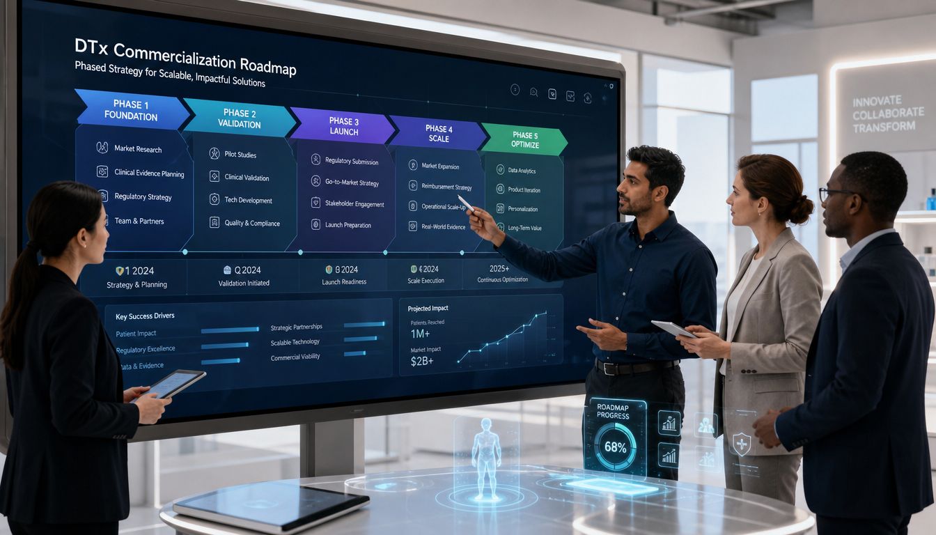 A professional team reviews a digital therapeutics commercialization roadmap on a large interactive display in an office.