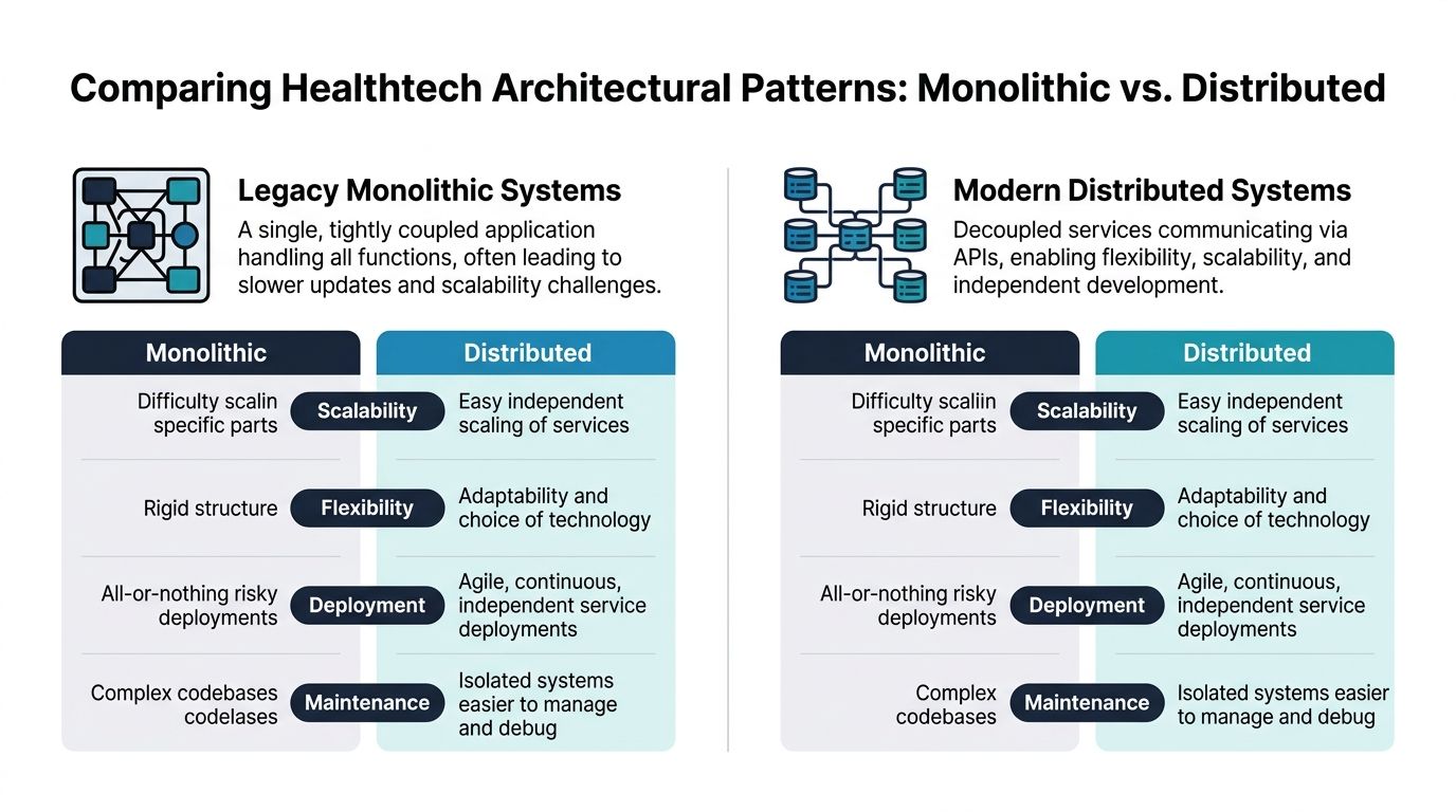 A comparison chart showing the differences between monolithic and distributed software architectures in healthtech.