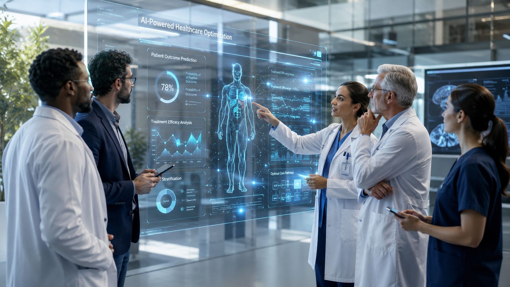 A team of medical professionals and analysts reviewing patient health data on a holographic interface display.