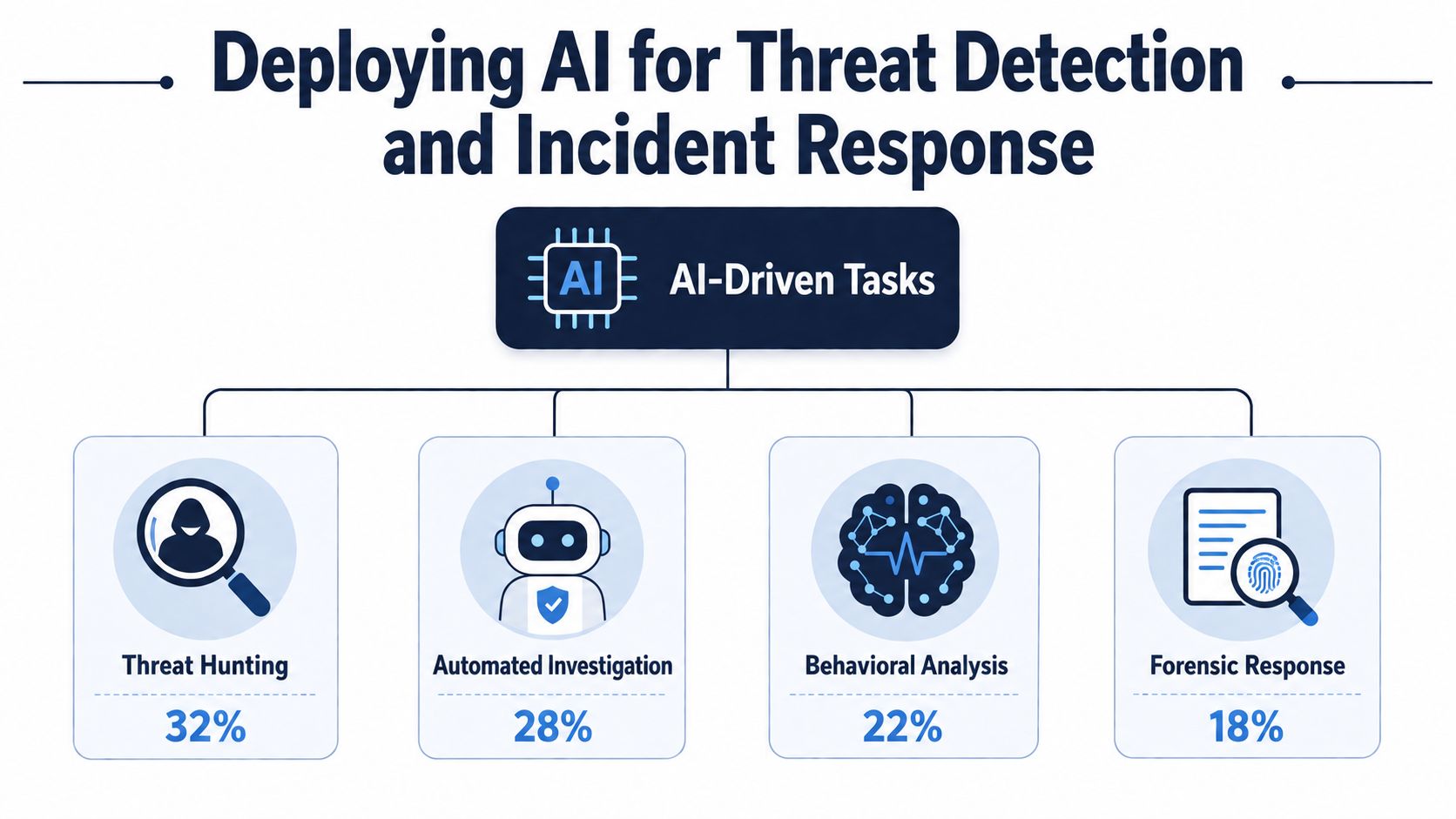 A diagram illustrating four key AI-driven cybersecurity tasks with their respective percentage usage statistics.