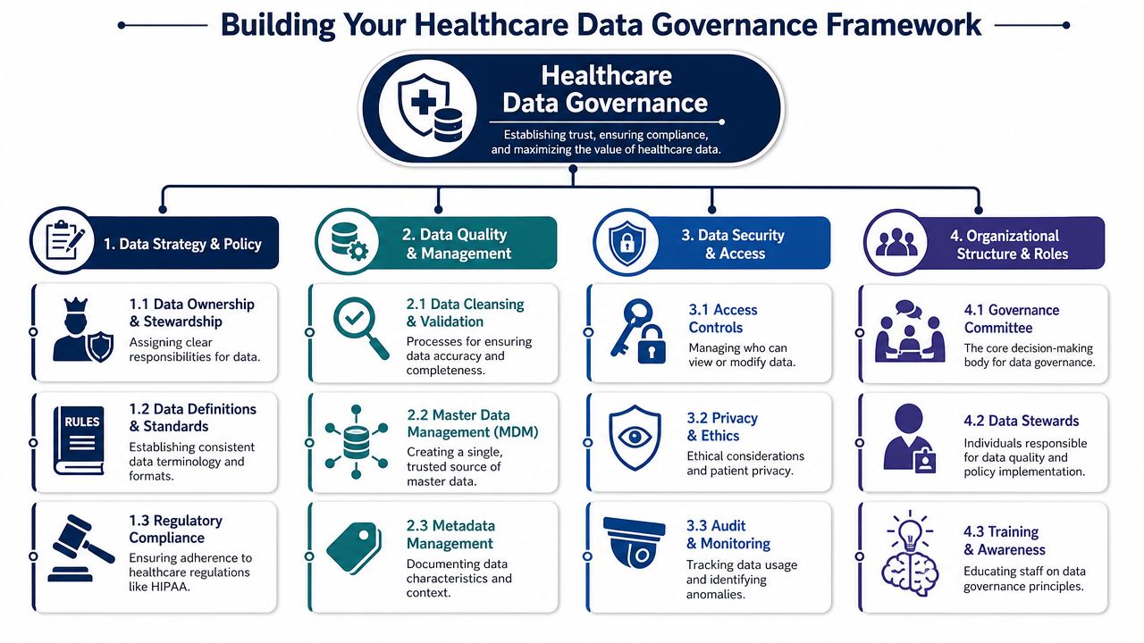 A structured flowchart outlining the core components of building a comprehensive healthcare data governance framework.