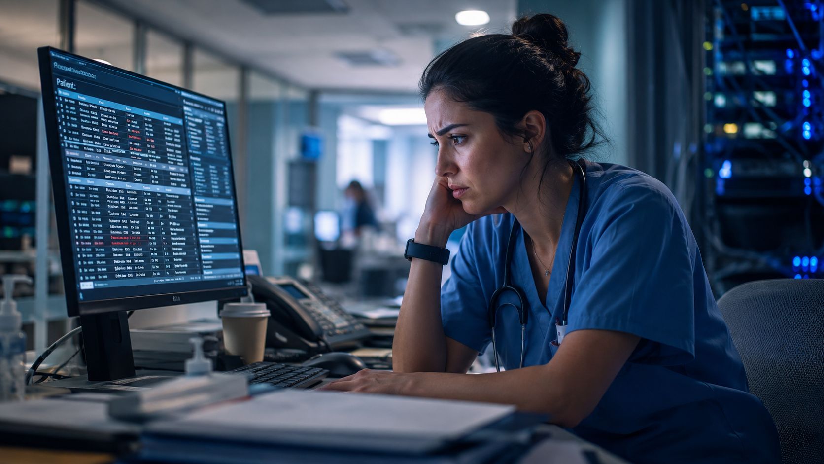 A concerned healthcare professional sitting at a computer workstation, analyzing digital medical patient records in an office.