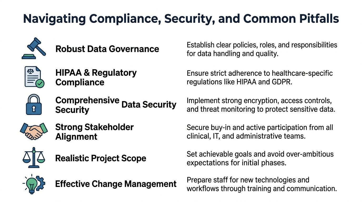 A list graphic outlining strategies for managing compliance, security, and common pitfalls in healthcare data modernization projects.