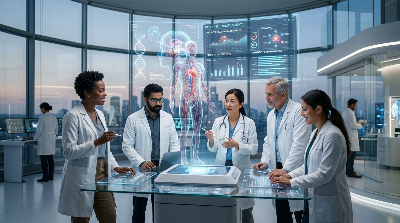 A diverse team of medical professionals using holographic technology to analyze patient data in a modern office.