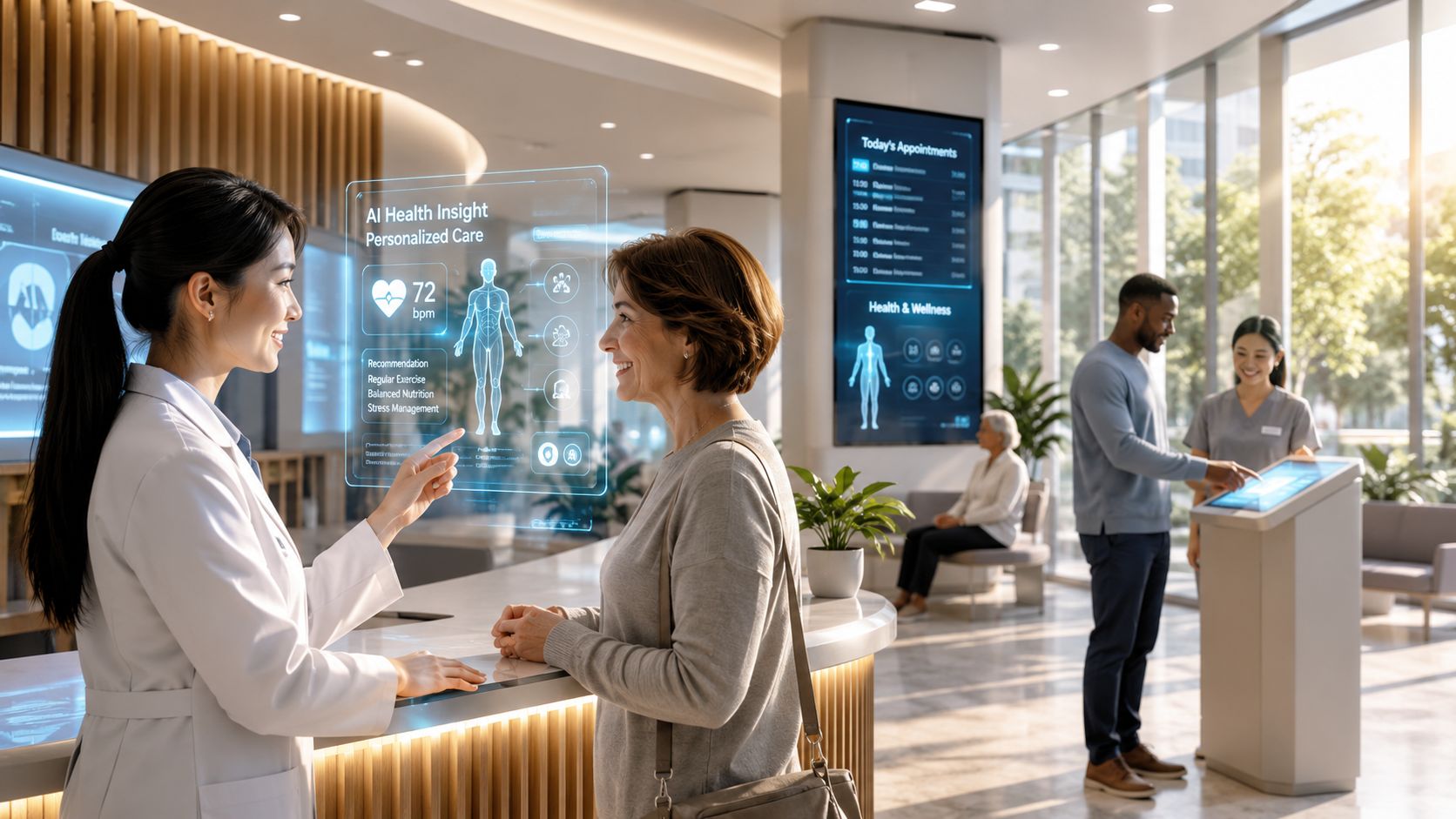 A doctor showing a patient personalized health metrics on a digital holographic display in a modern clinic.