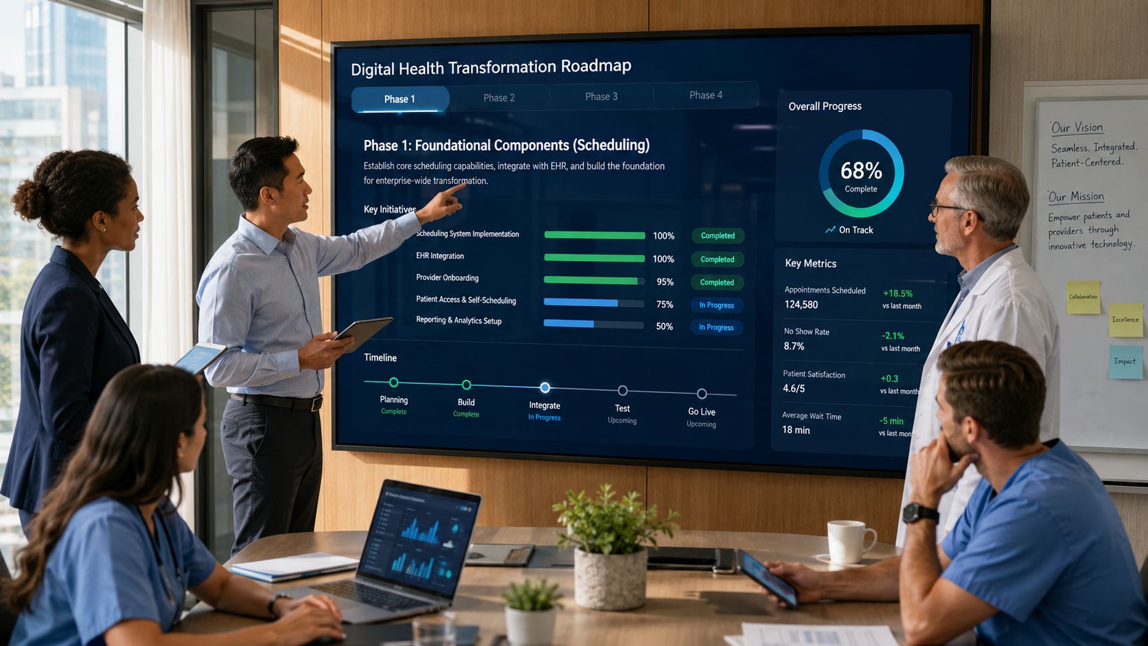 A professional team reviews a digital health transformation roadmap during a collaborative strategy meeting.