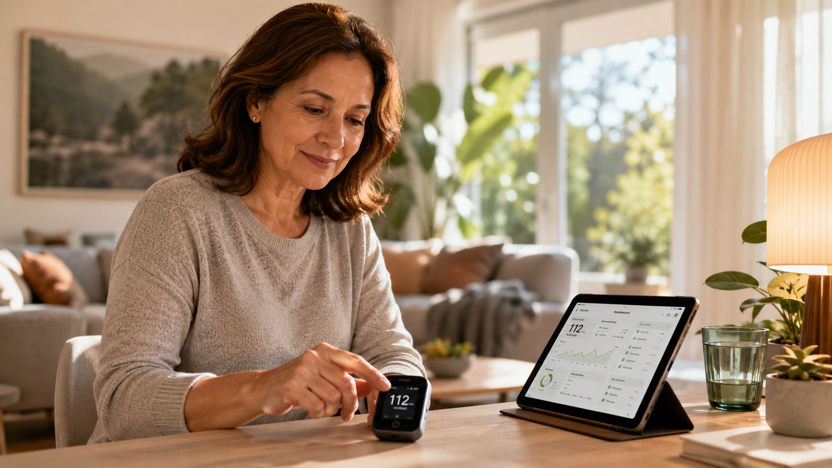 A woman using a portable digital blood glucose monitor while checking health data on a tablet device.