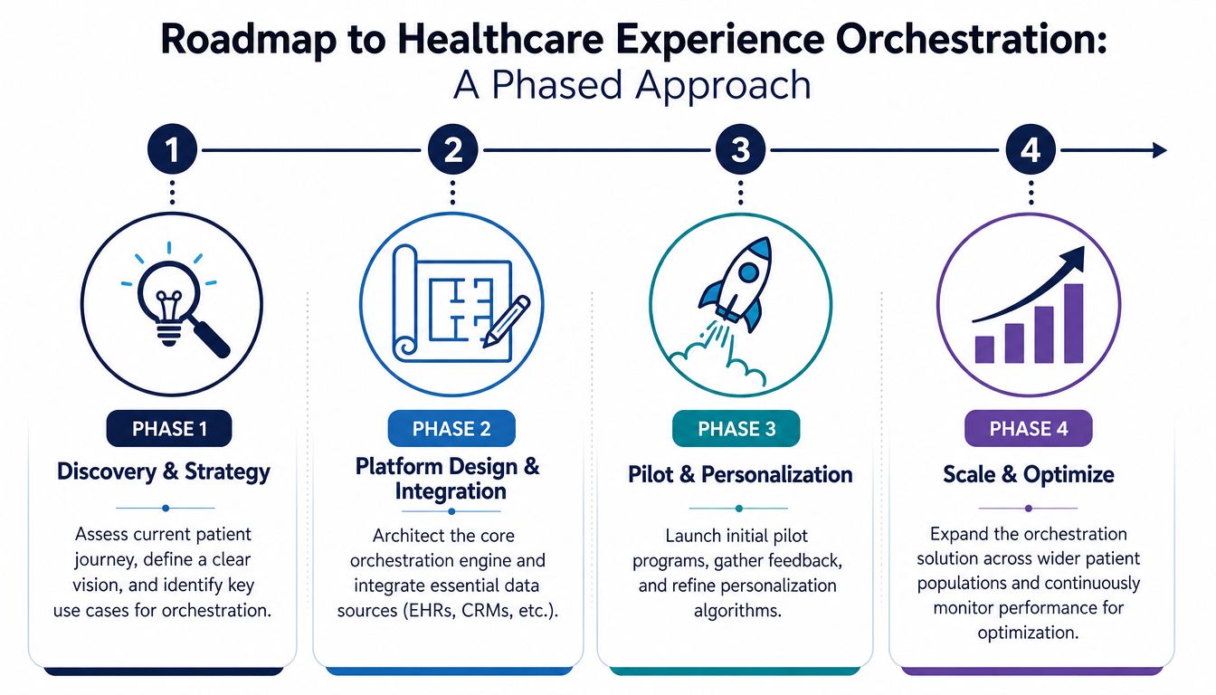 A four-phase roadmap diagram detailing the strategic steps for implementing healthcare experience orchestration in medical organizations.