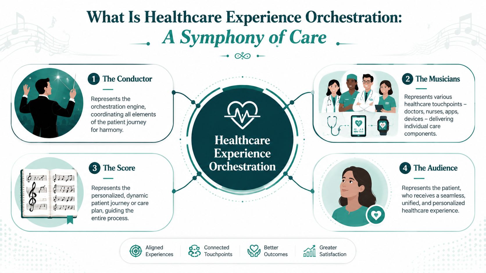 A diagram explaining healthcare experience orchestration using a musical symphony metaphor with four key roles and components.