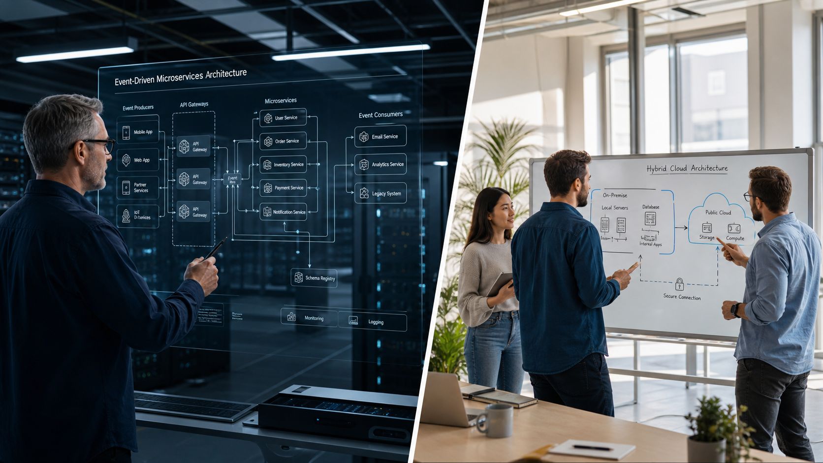 Professionals discussing event-driven microservices and hybrid cloud architectures on digital and physical whiteboards in a tech office.