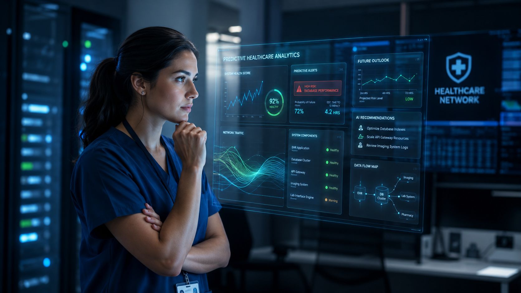 A healthcare professional analyzing real-time data on a futuristic digital dashboard in a server room.