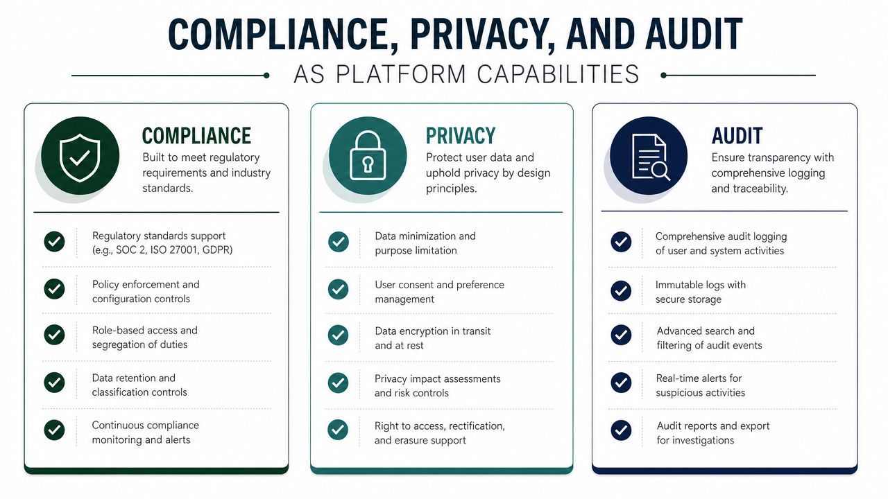 A diagram outlining compliance, privacy, and audit capabilities of a professional enterprise platform for data security.