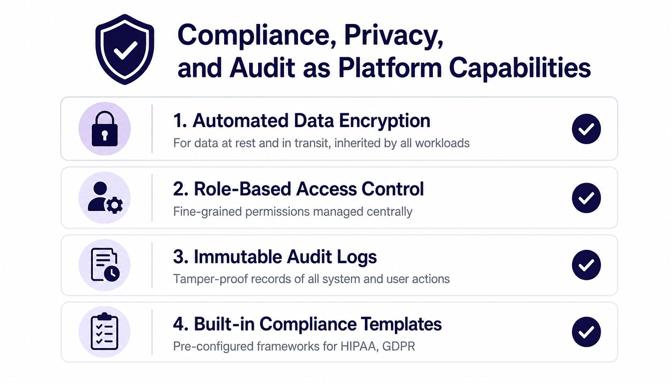 A graphic outlining four key platform capabilities for compliance, privacy, and audit including encryption and access control.