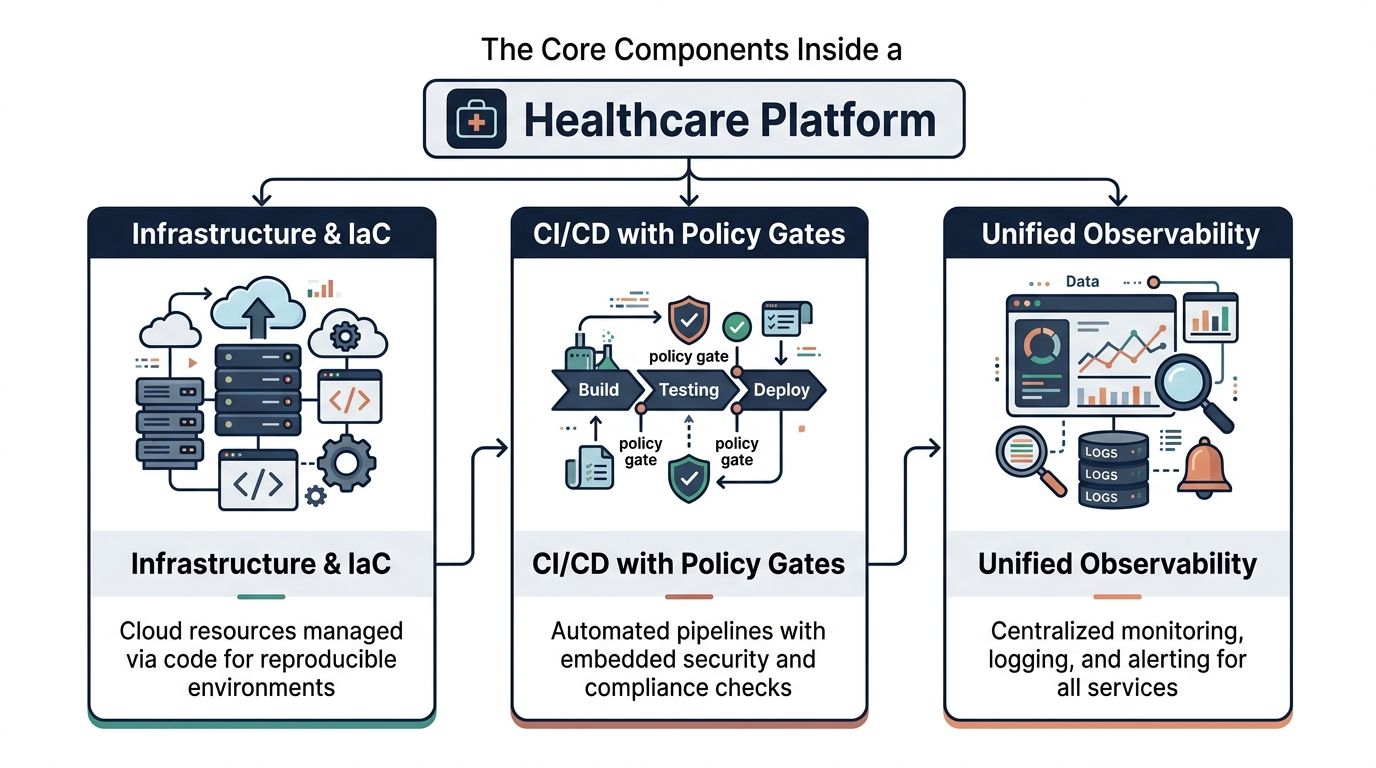 A diagram illustrating the core components of a healthcare platform: infrastructure, CI/CD pipelines, and unified observability.