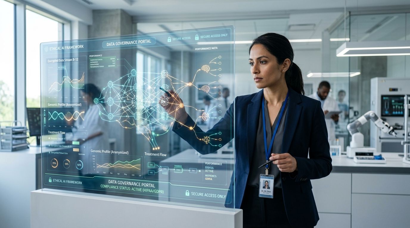 A professional woman in a lab environment interacting with a holographic data governance portal and AI interface.