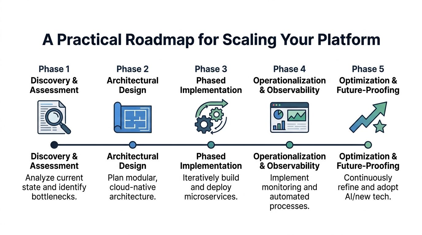 A five-phase practical roadmap for scaling a platform, from initial assessment to final optimization and future-proofing.