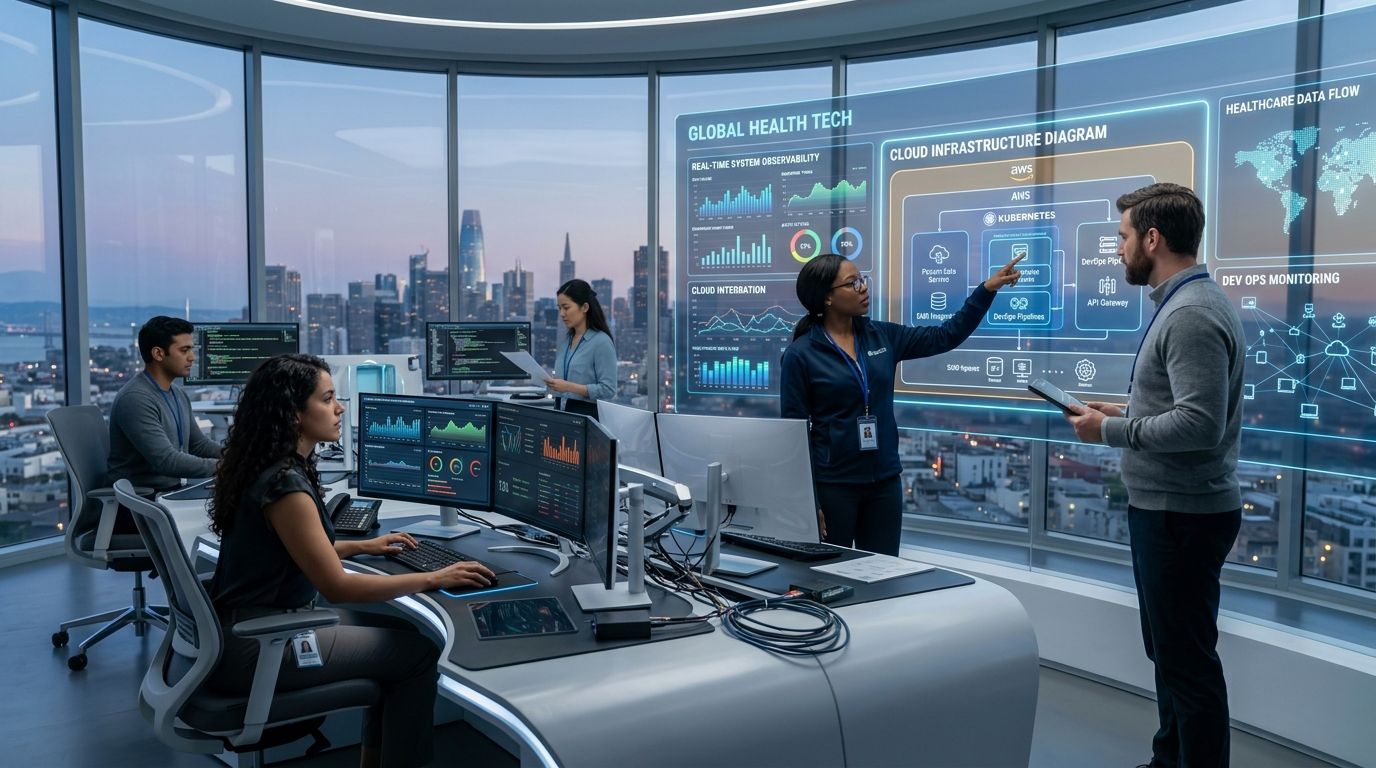 A team of diverse professionals collaborating in a high-tech office with digital data visualizations on windows.