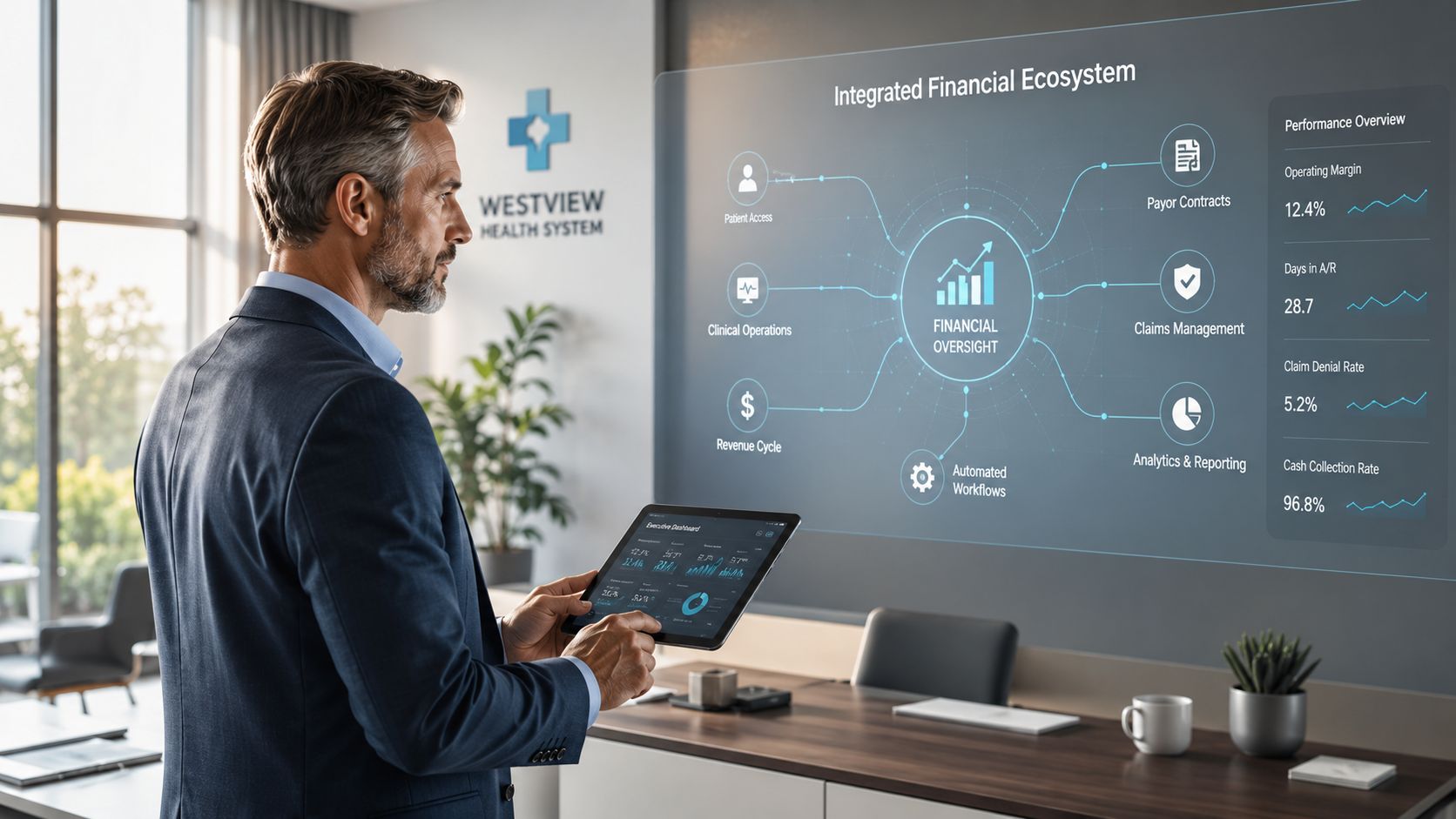 A professional man in a business suit reviewing financial healthcare data on a digital tablet and display.