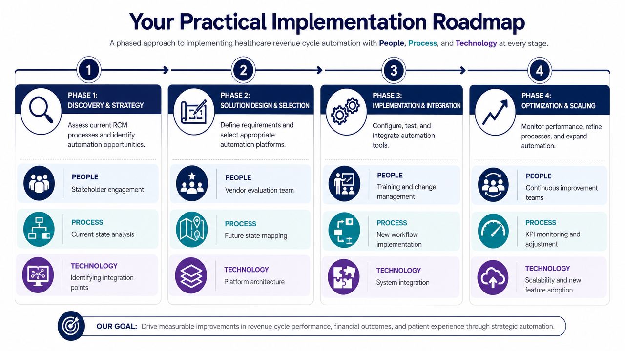 A four-phase implementation roadmap for healthcare revenue cycle automation, detailing key people, processes, and technology for each stage.