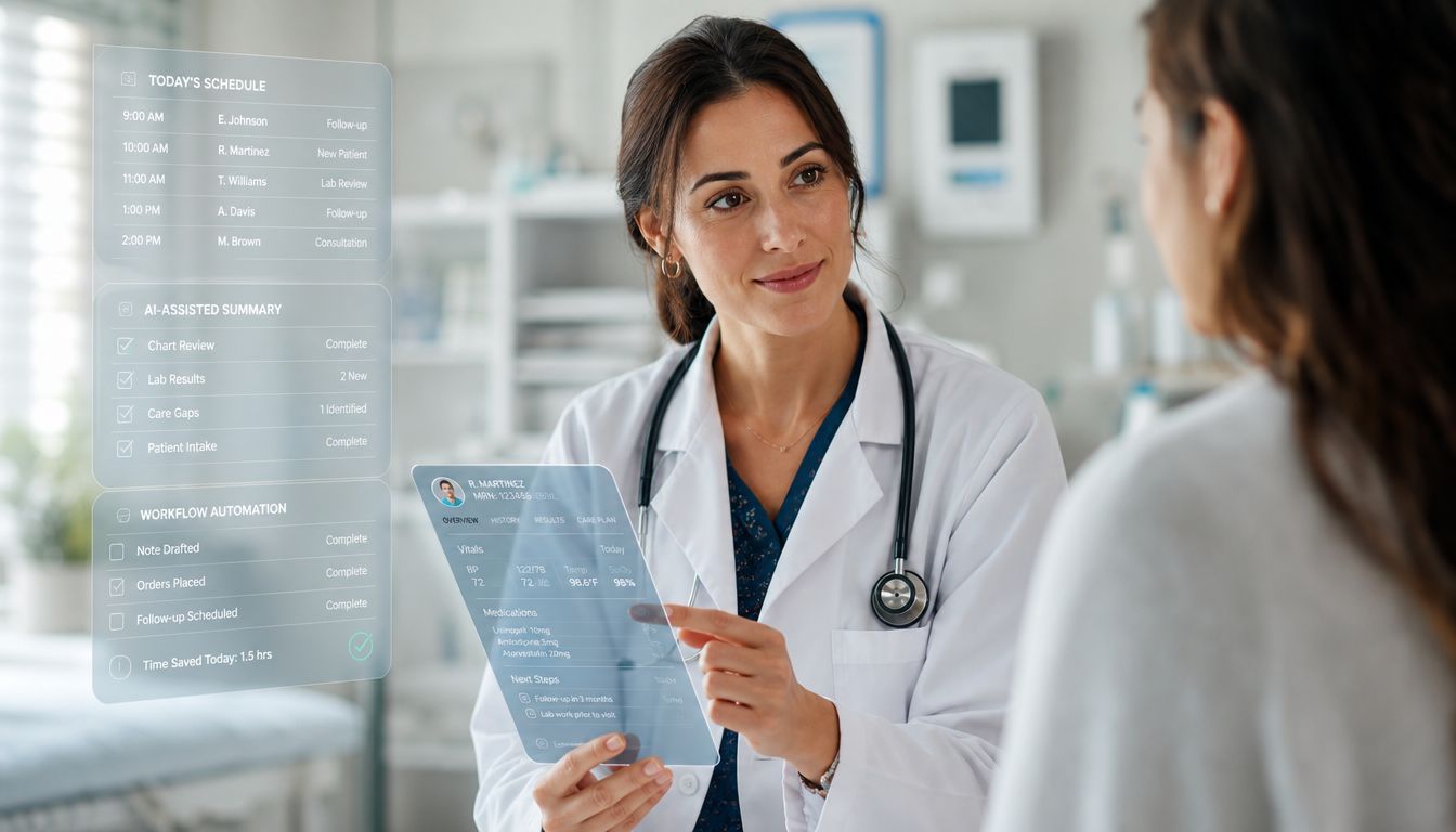 A doctor uses an augmented reality interface to discuss medical information with a patient in a clinic.