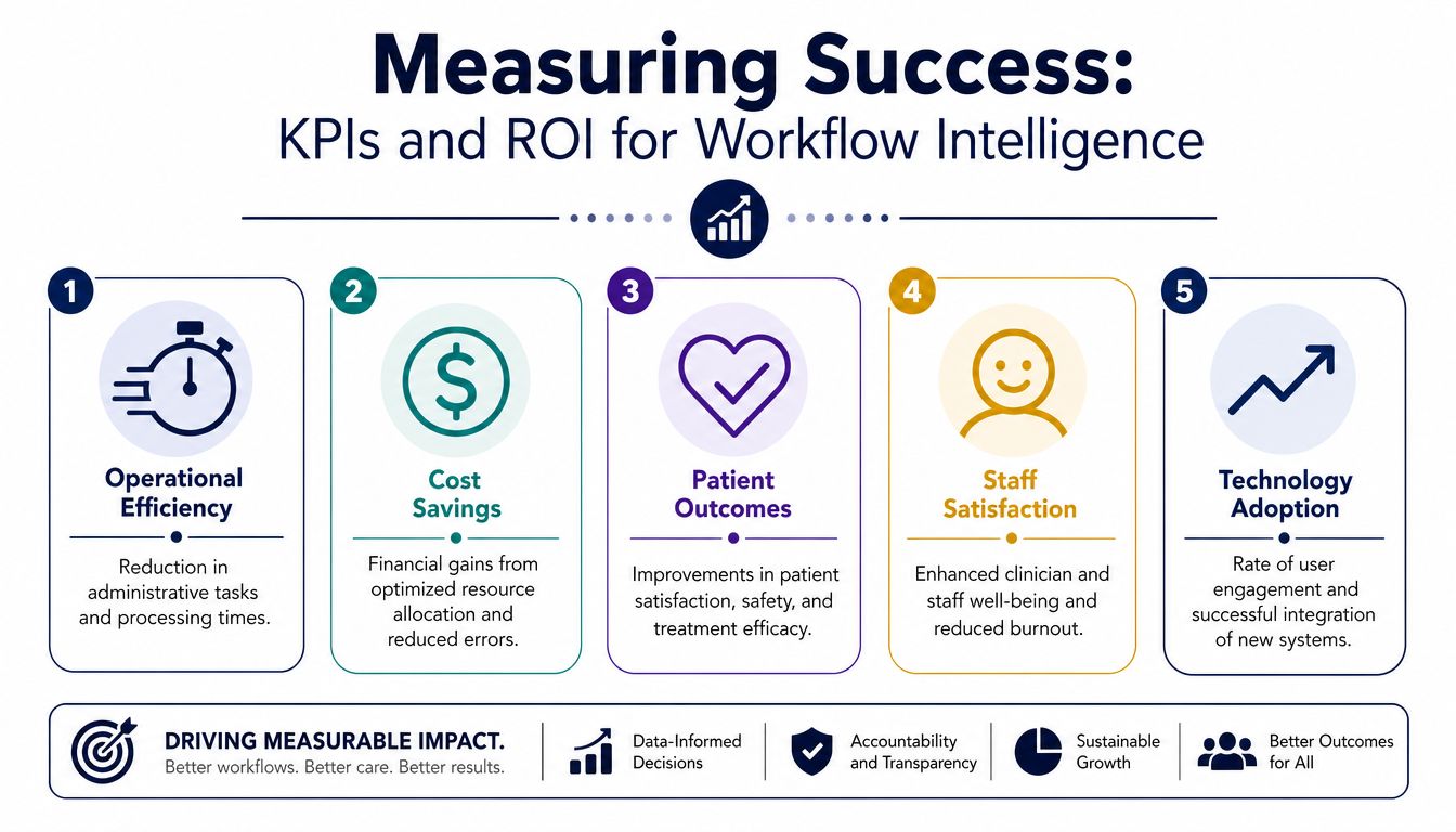An infographic titled Measuring Success showing five key performance indicators for implementing workflow intelligence in healthcare settings.