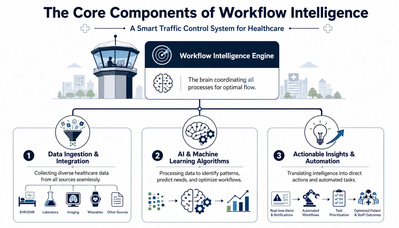 A diagram illustrating the core components of healthcare workflow intelligence including data ingestion, machine learning, and automation.